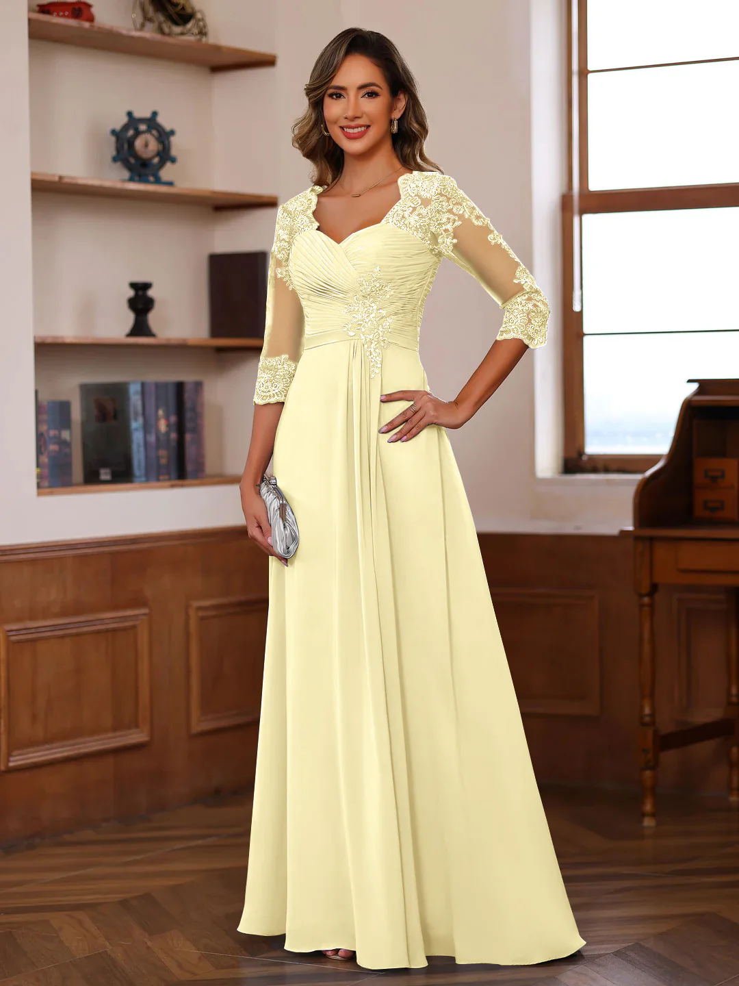 A-Line/Princess Sweetheart Neck 3/4 Length Sleeves Floor-Length Mother Of The Bride Dresses With Lace, Ruffles & Appliques - Image 60