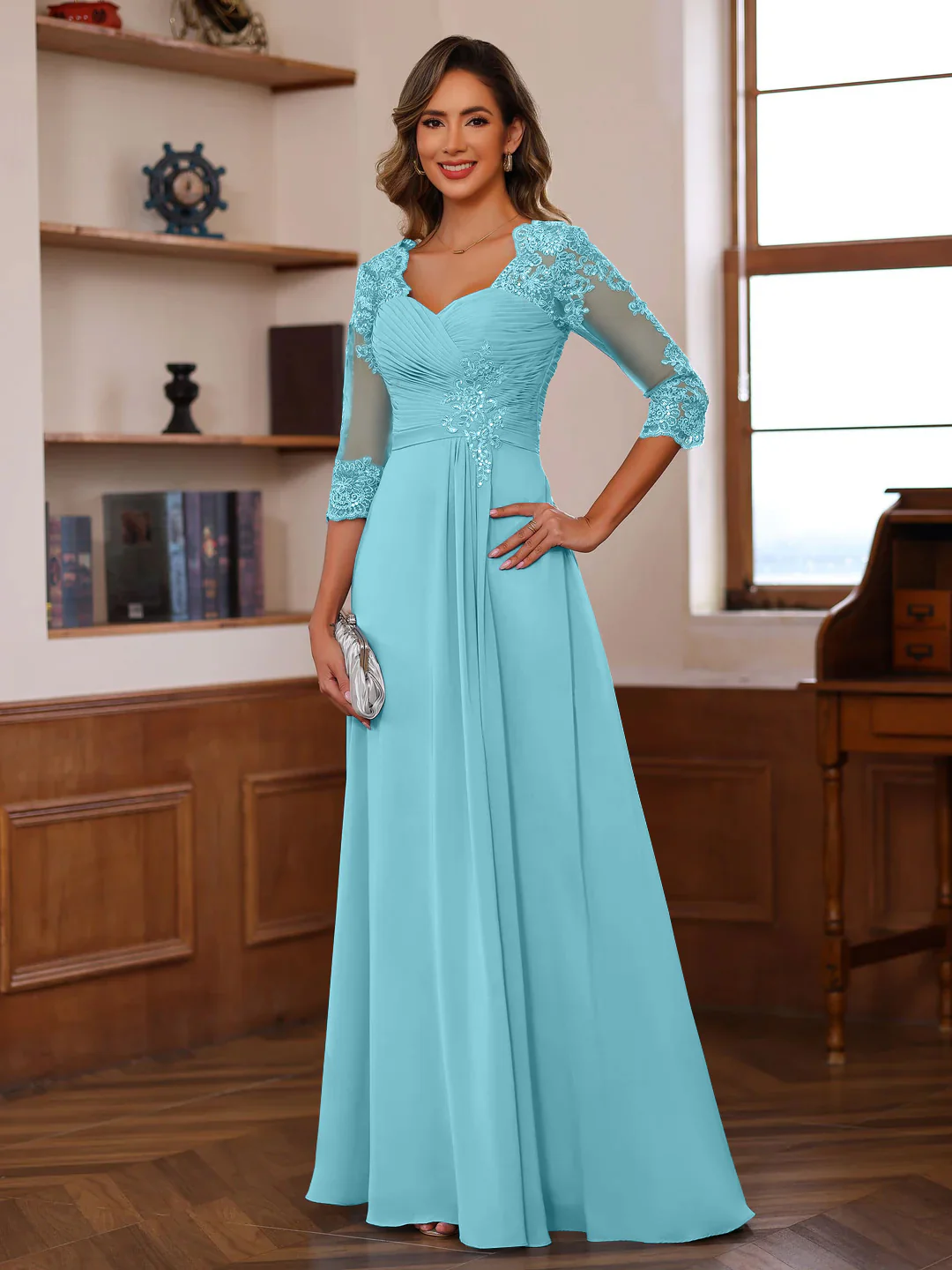 A-Line/Princess Sweetheart Neck 3/4 Length Sleeves Floor-Length Mother Of The Bride Dresses With Lace, Ruffles & Appliques - Image 8