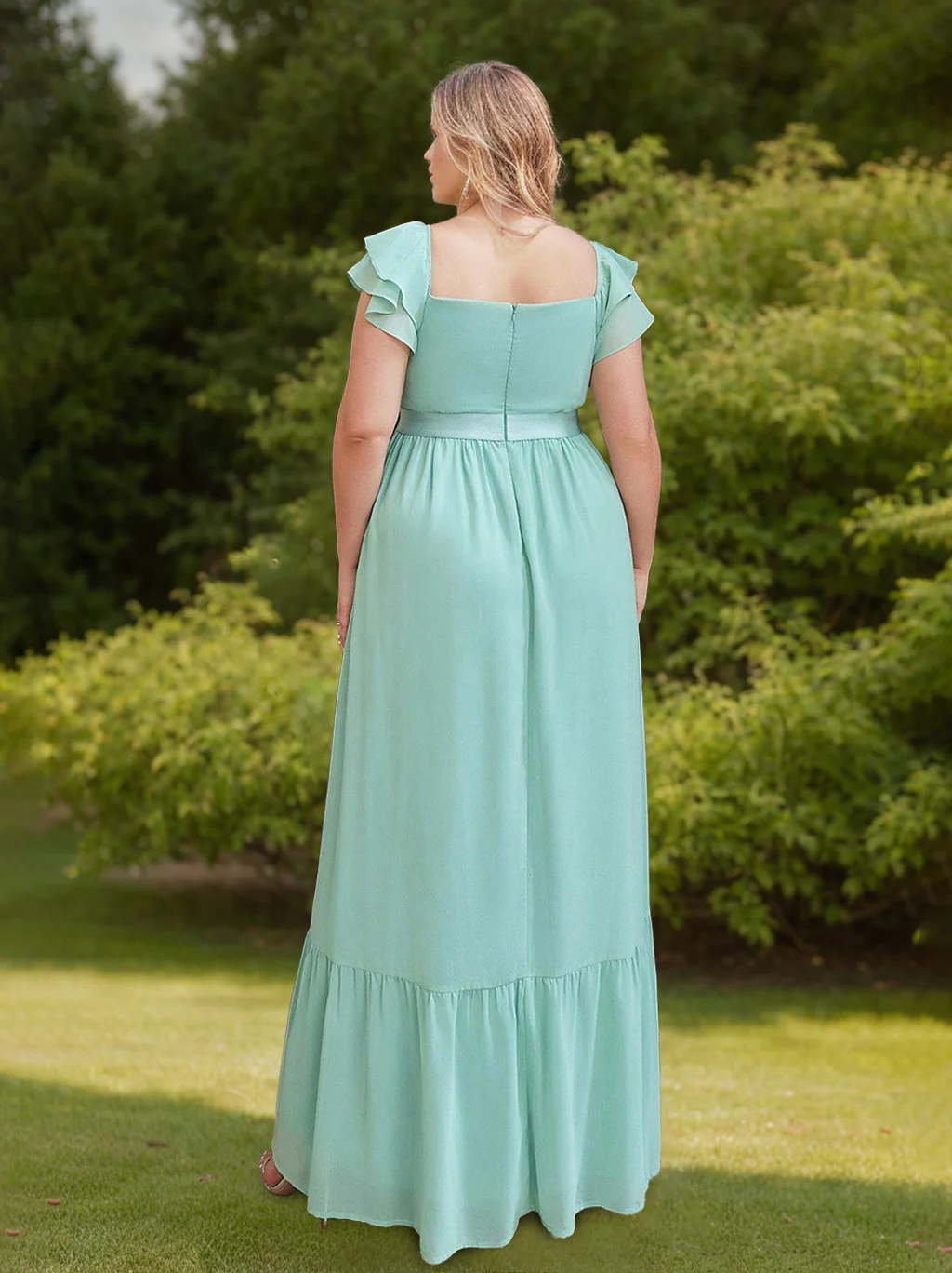 A-Line/Princess Sweetheart Neck Short Sleeves Floor-Length Plus Size Bridesmaid Dresses with Split Side & Ruffles - Image 2