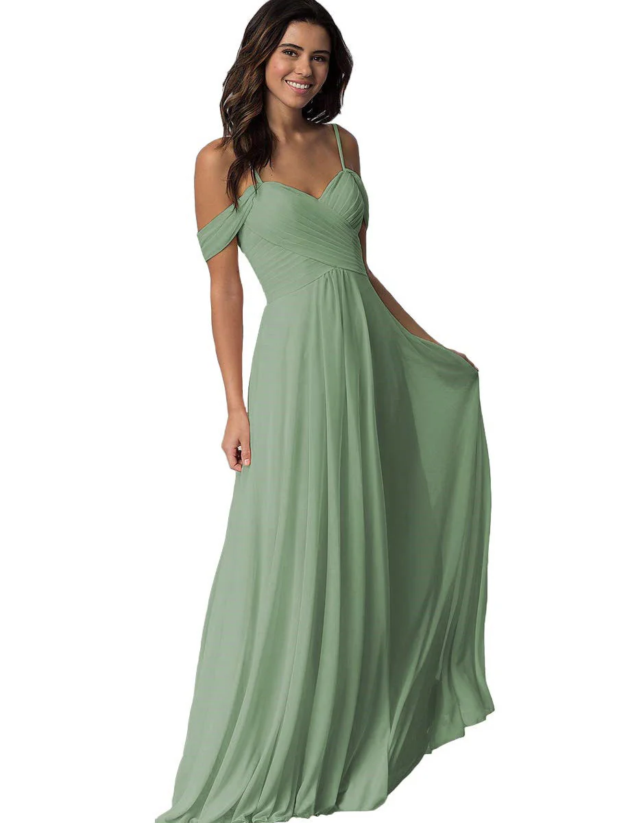 A-Line/Princess Sweetheart Off Shoulder Sleeveless Floor Length Bridesmaid Dresses with Pockets Chiffon - Image 32