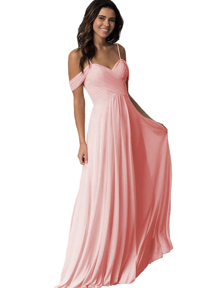 A-Line/Princess Sweetheart Off Shoulder Sleeveless Floor Length Bridesmaid Dresses with Pockets Chiffon - Image 41