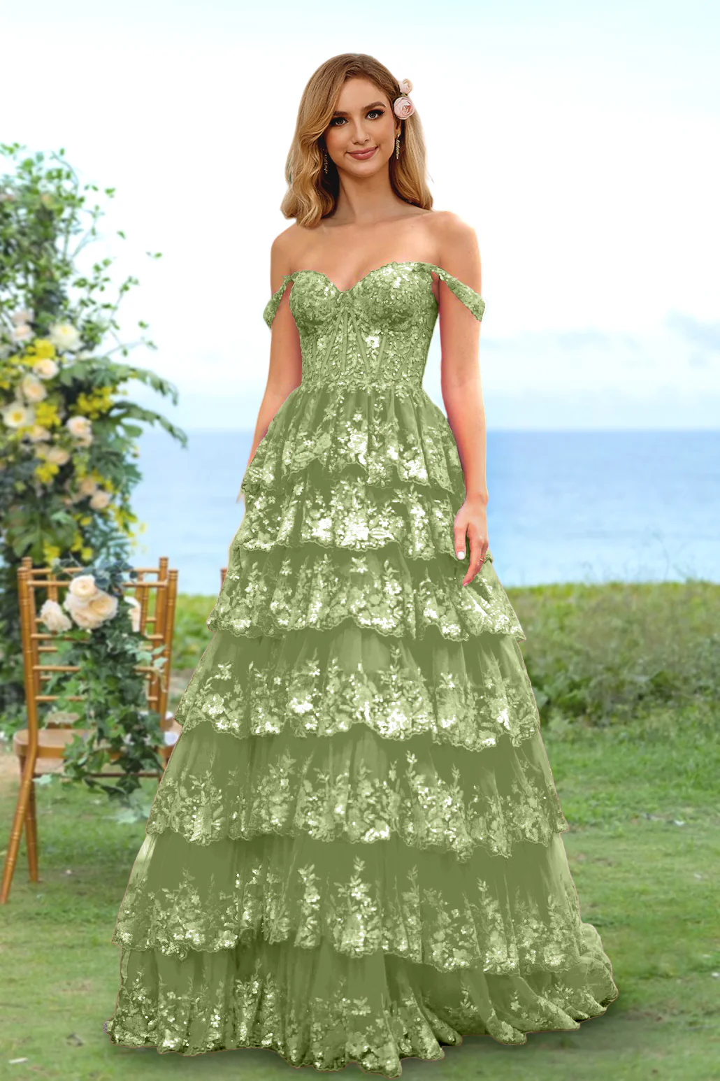 A-Line/Princess Sweetheart Off-the-Shoulder Prom Dresses Evening Party Floral with Sequins & Ruffles - Image 18