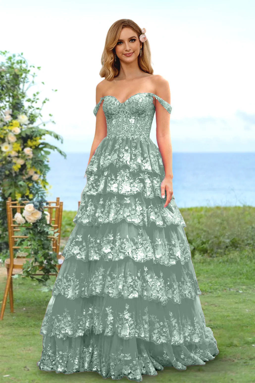 A-Line/Princess Sweetheart Off-the-Shoulder Prom Dresses Evening Party Floral with Sequins & Ruffles - Image 20
