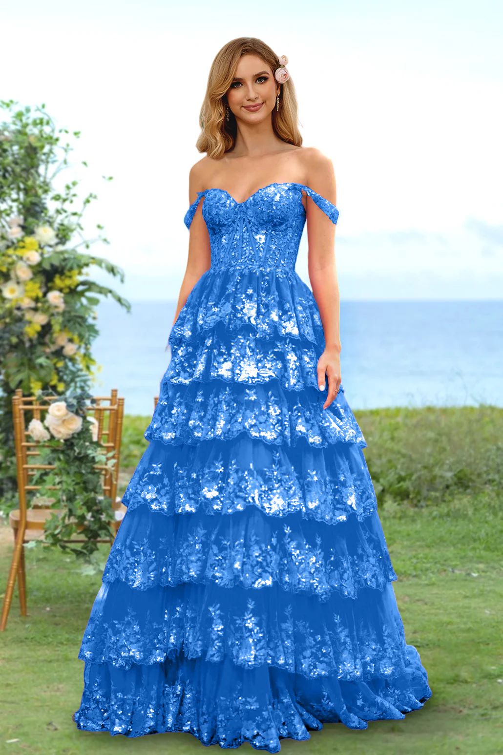 A-Line/Princess Sweetheart Off-the-Shoulder Prom Dresses Evening Party Floral with Sequins & Ruffles - Image 35