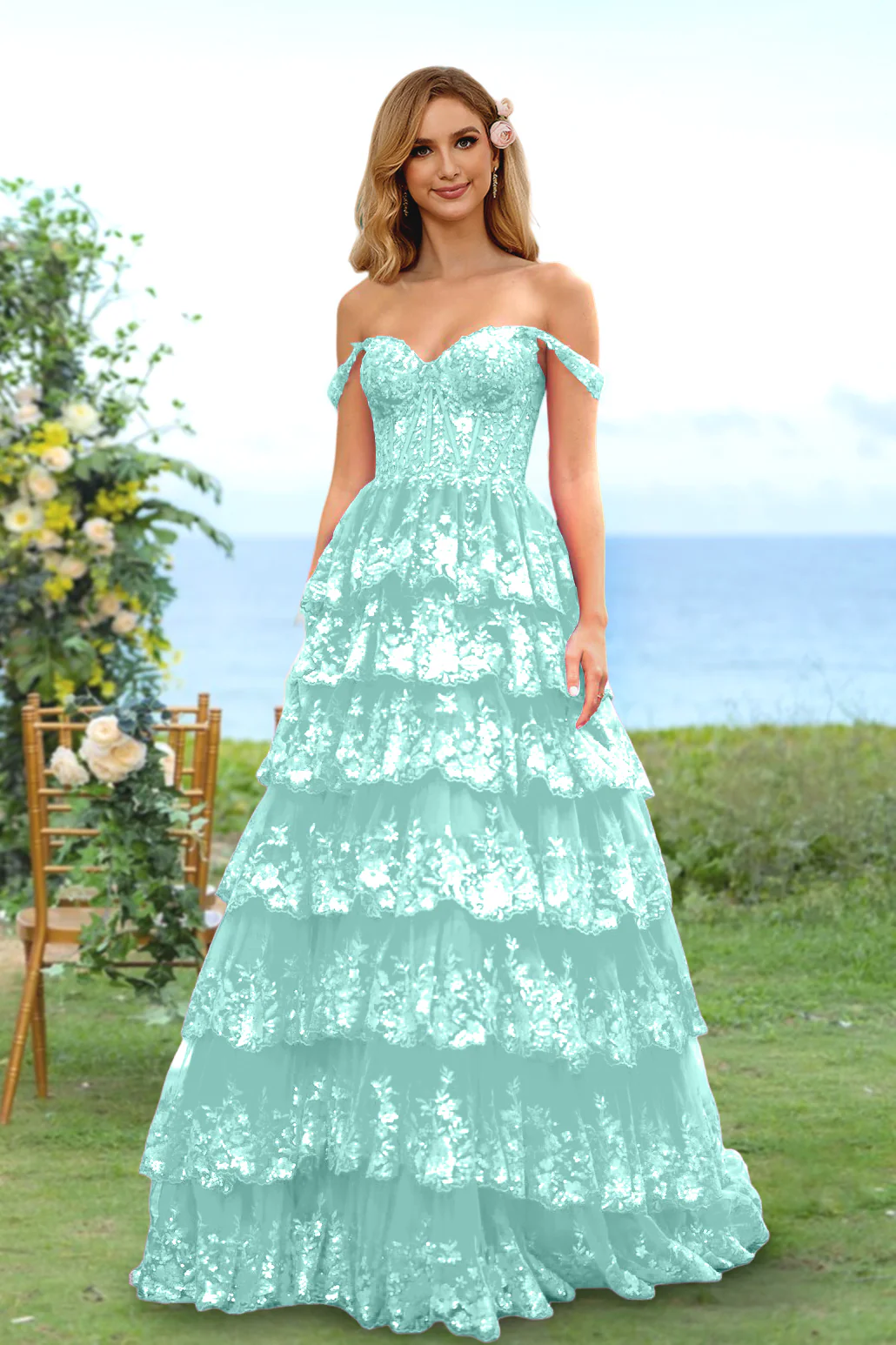 A-Line/Princess Sweetheart Off-the-Shoulder Prom Dresses Evening Party Floral with Sequins & Ruffles - Image 36