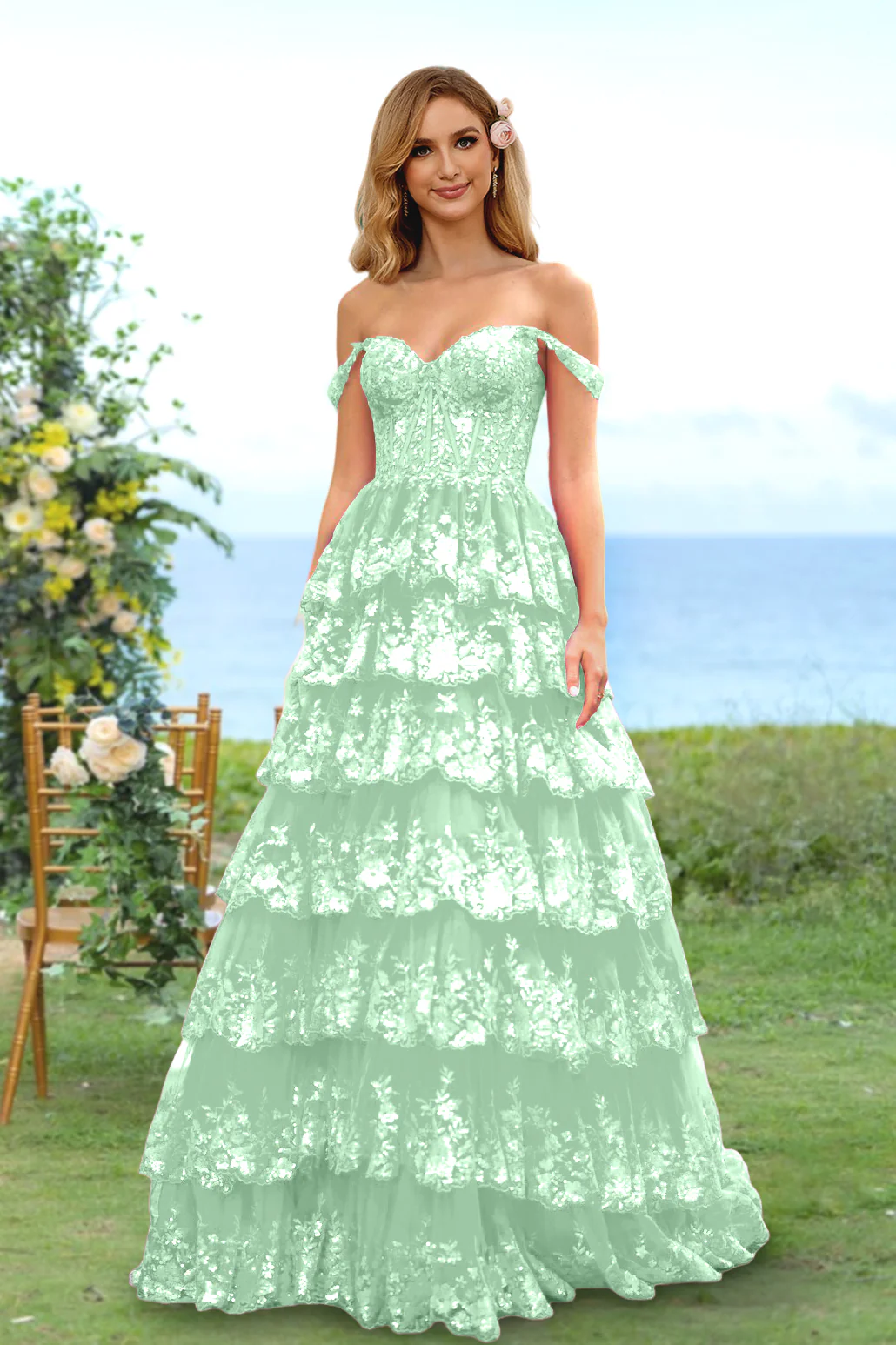 A-Line/Princess Sweetheart Off-the-Shoulder Prom Dresses Evening Party Floral with Sequins & Ruffles - Image 39