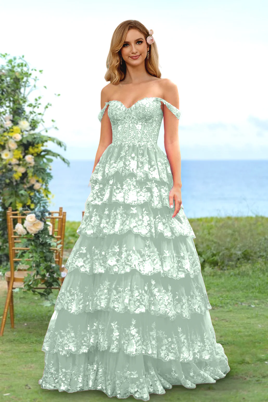 A-Line/Princess Sweetheart Off-the-Shoulder Prom Dresses Evening Party Floral with Sequins & Ruffles - Image 40