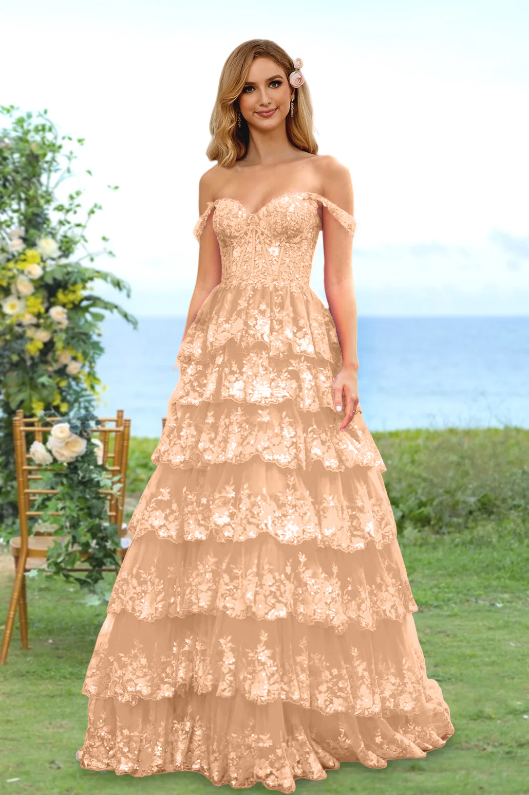 A-Line/Princess Sweetheart Off-the-Shoulder Prom Dresses Evening Party Floral with Sequins & Ruffles - Image 49