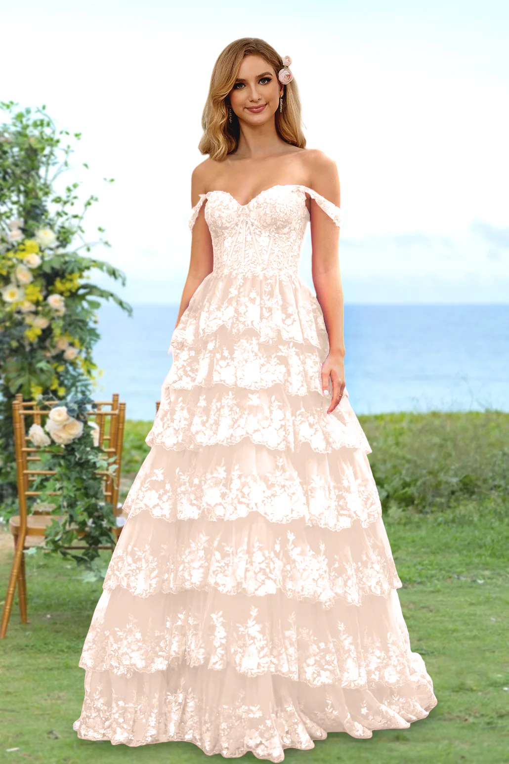 A-Line/Princess Sweetheart Off-the-Shoulder Prom Dresses Evening Party Floral with Sequins & Ruffles - Image 5