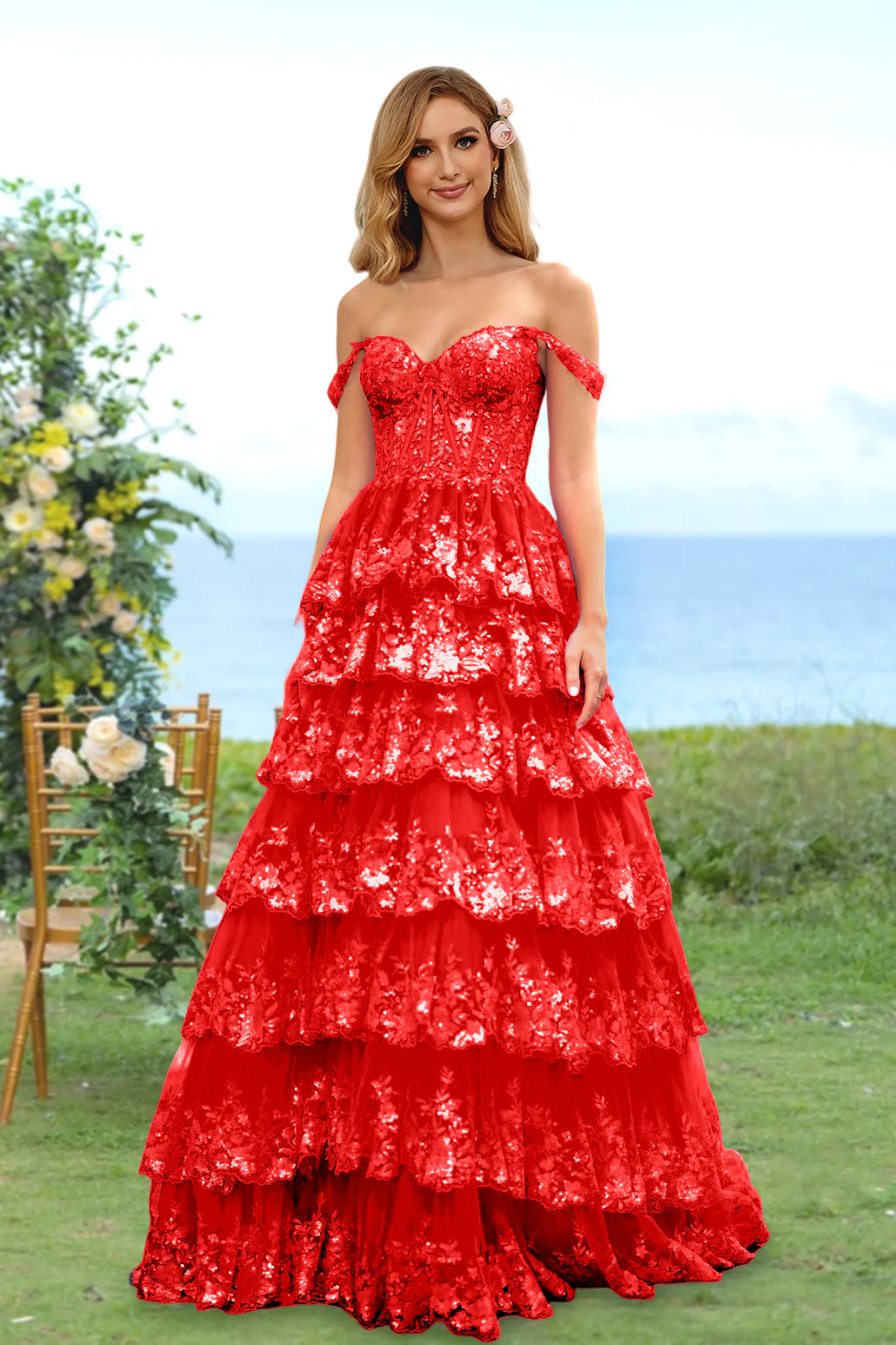 A-Line/Princess Sweetheart Off-the-Shoulder Prom Dresses Evening Party Floral with Sequins & Ruffles - Image 55