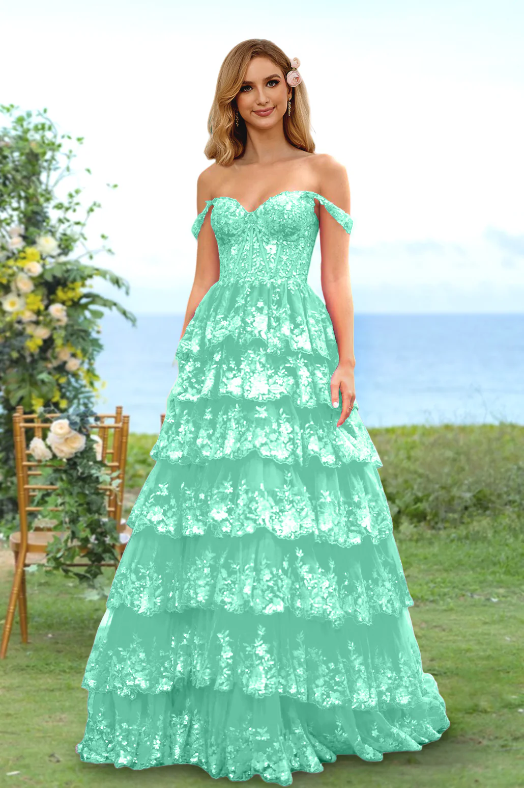 A-Line/Princess Sweetheart Off-the-Shoulder Prom Dresses Evening Party Floral with Sequins & Ruffles - Image 63