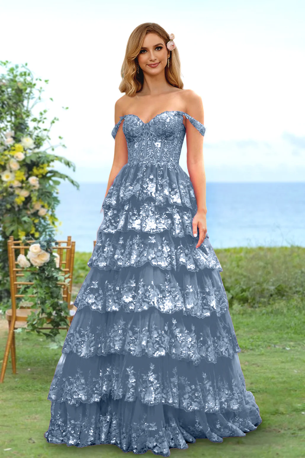 A-Line/Princess Sweetheart Off-the-Shoulder Prom Dresses Evening Party Floral with Sequins & Ruffles - Image 64