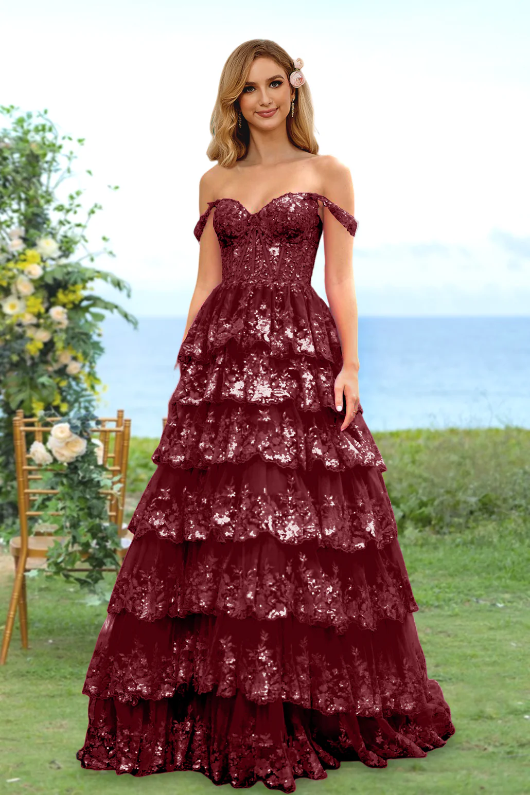 A-Line/Princess Sweetheart Off-the-Shoulder Prom Dresses Evening Party Floral with Sequins & Ruffles - Image 7