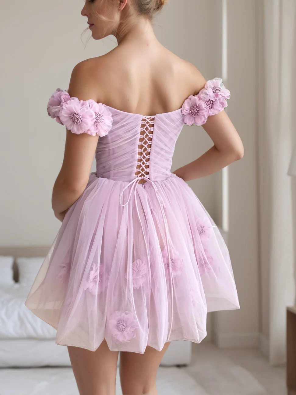 A-Line/Princess Sweetheart Off-the-shoulder Straps Sleeves Short/Mini Party Dance Cocktail Homecoming Dress With Handmade Flowers & Pleats - Image 2