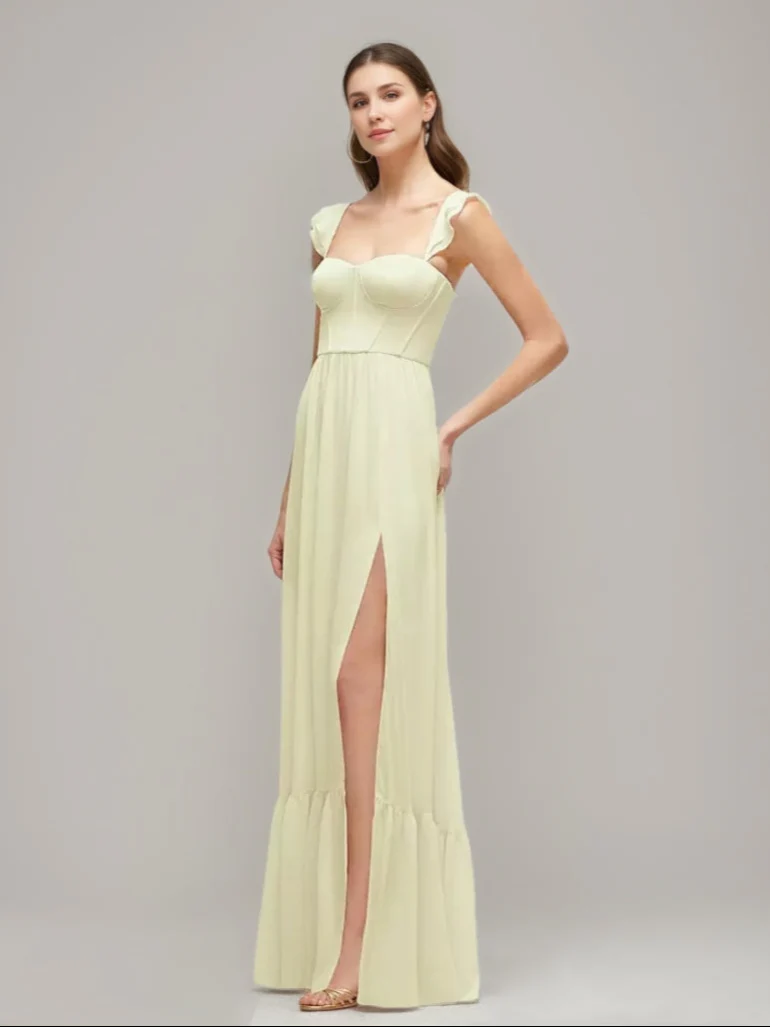 A-line/Princess Sweetheart Pleated Wedding Guest Dresses with Ruffle Straps & High Slit - Image 3