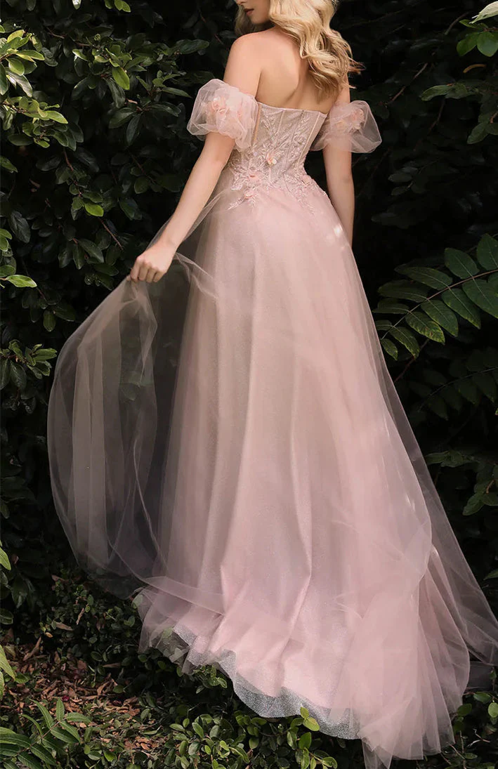A-Line/Princess Sweetheart Short Sleeves Floor-length Long Floral Prom Dresses With Split Side - Image 4