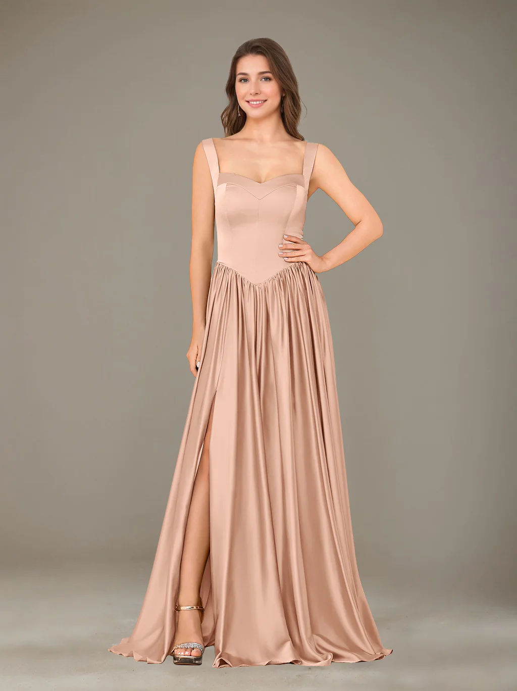 A-Line/Princess Sweetheart Sleeveless Floor-Length Silk Satin Bridesmaid Dresses with Pleated & Split Side - Image 33