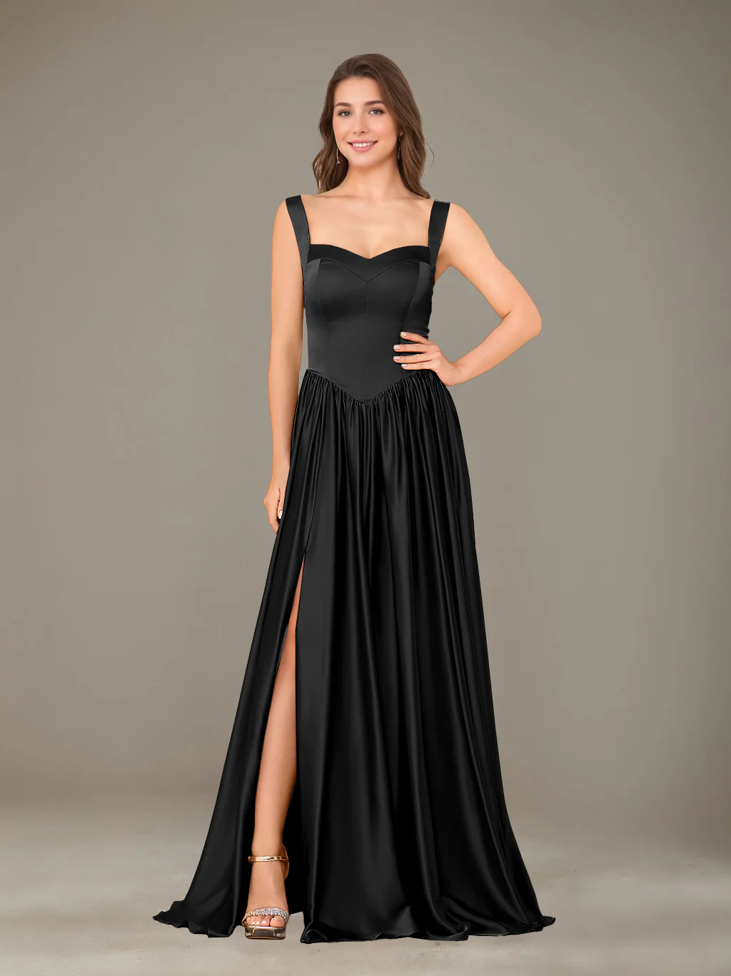 A-Line/Princess Sweetheart Sleeveless Floor-Length Silk Satin Bridesmaid Dresses with Pleated & Split Side - Image 4