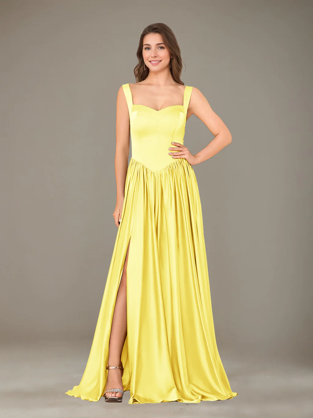 A-Line/Princess Sweetheart Sleeveless Floor-Length Silk Satin Bridesmaid Dresses with Pleated & Split Side - Image 48