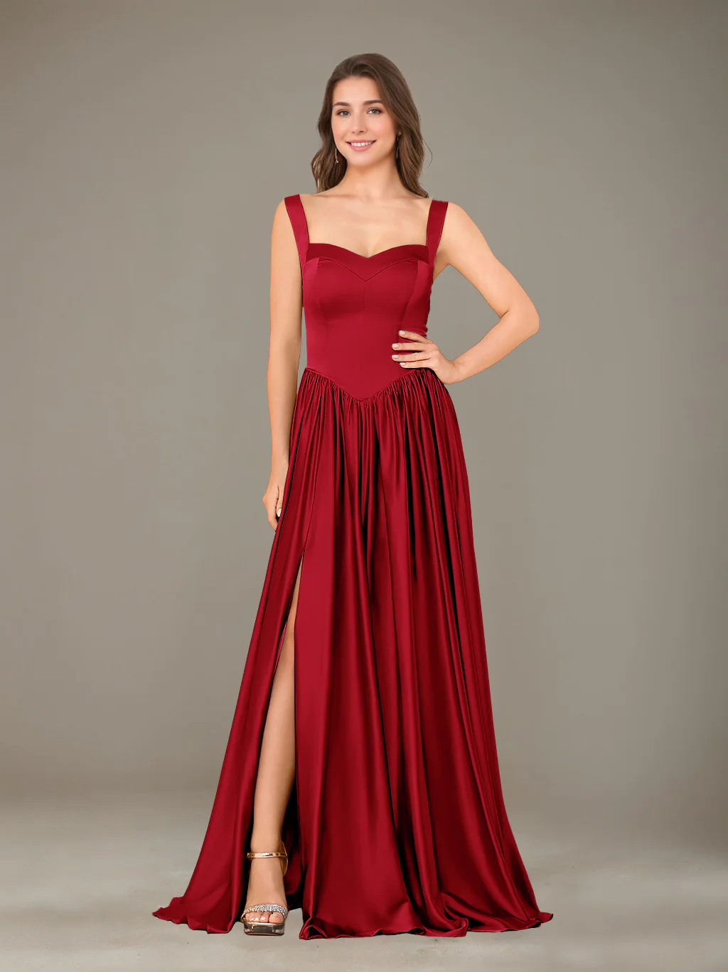 A-Line/Princess Sweetheart Sleeveless Floor-Length Silk Satin Bridesmaid Dresses with Pleated & Split Side - Image 6
