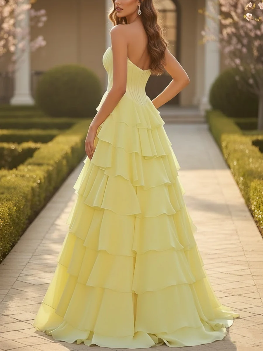 A-Line/Princess Sweetheart Strapless Chiffon Prom Dresses with Split Side Sleeveless Floor-Length Ruffles Formal Dresses - Image 2
