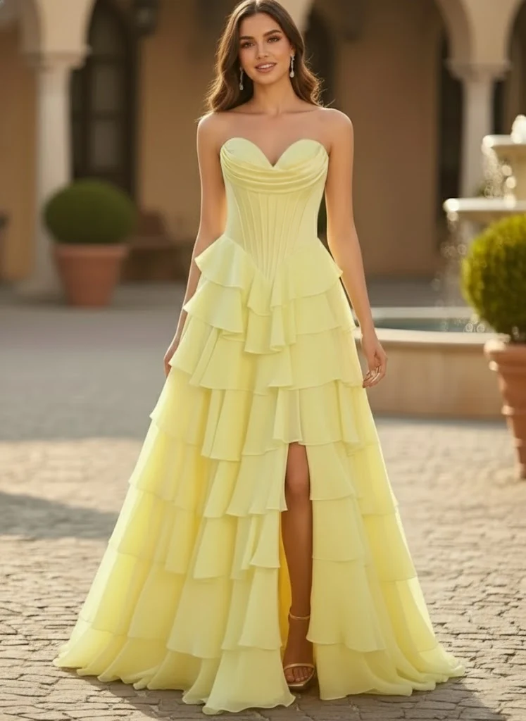 A-Line/Princess Sweetheart Strapless Chiffon Prom Dresses with Split Side Sleeveless Floor-Length Ruffles Formal Dresses - Image 3