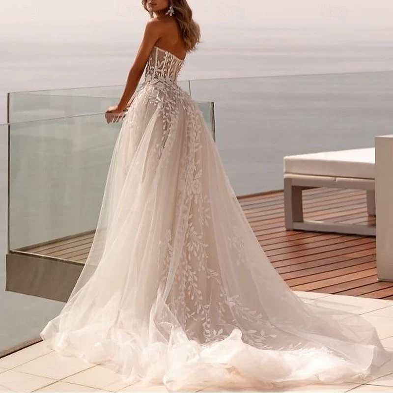 A-Line/Princess Sweetheart Sweep / Brush Train Wedding Dress for Beach Wedding - Image 3