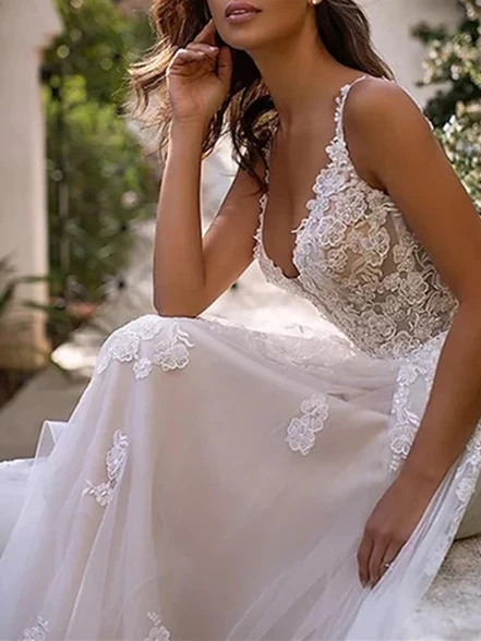 A-Line/Princess Sweetheart Wedding Dress Spaghetti Straps with Appliques - Image 2
