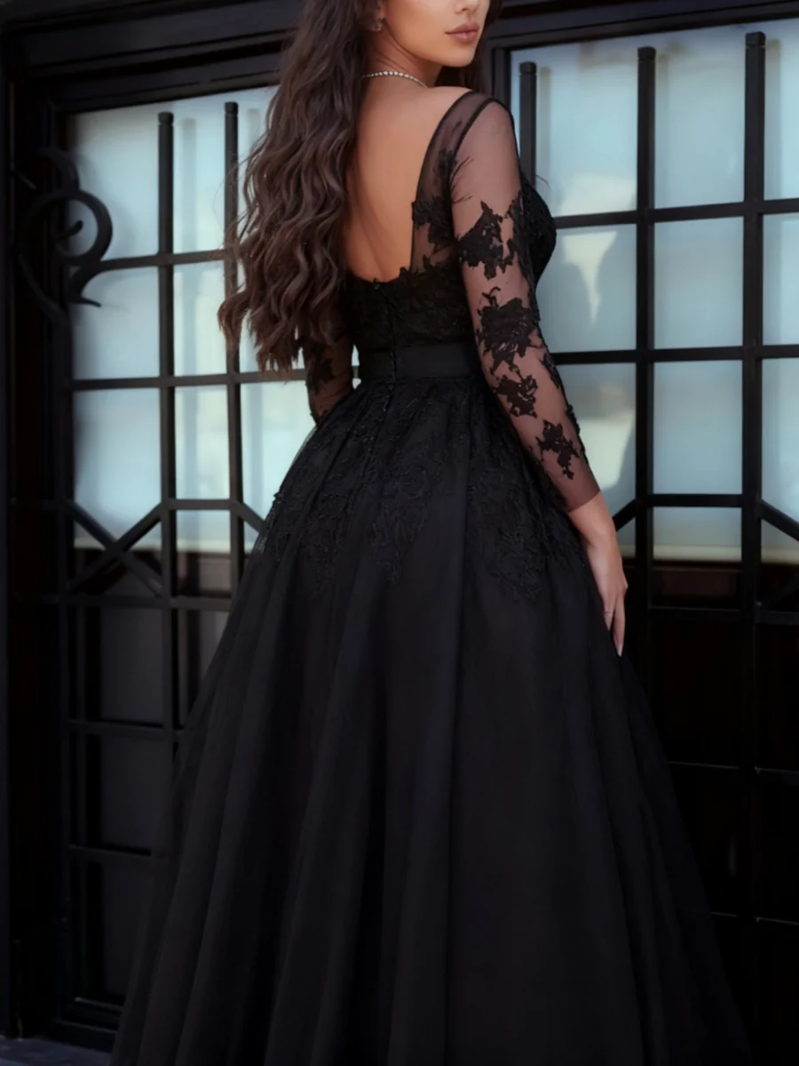 A-Line/Princess Tulle Long Sleeves Evening Dresses Floor-length with Lace Party Dresses Split Front - Image 2