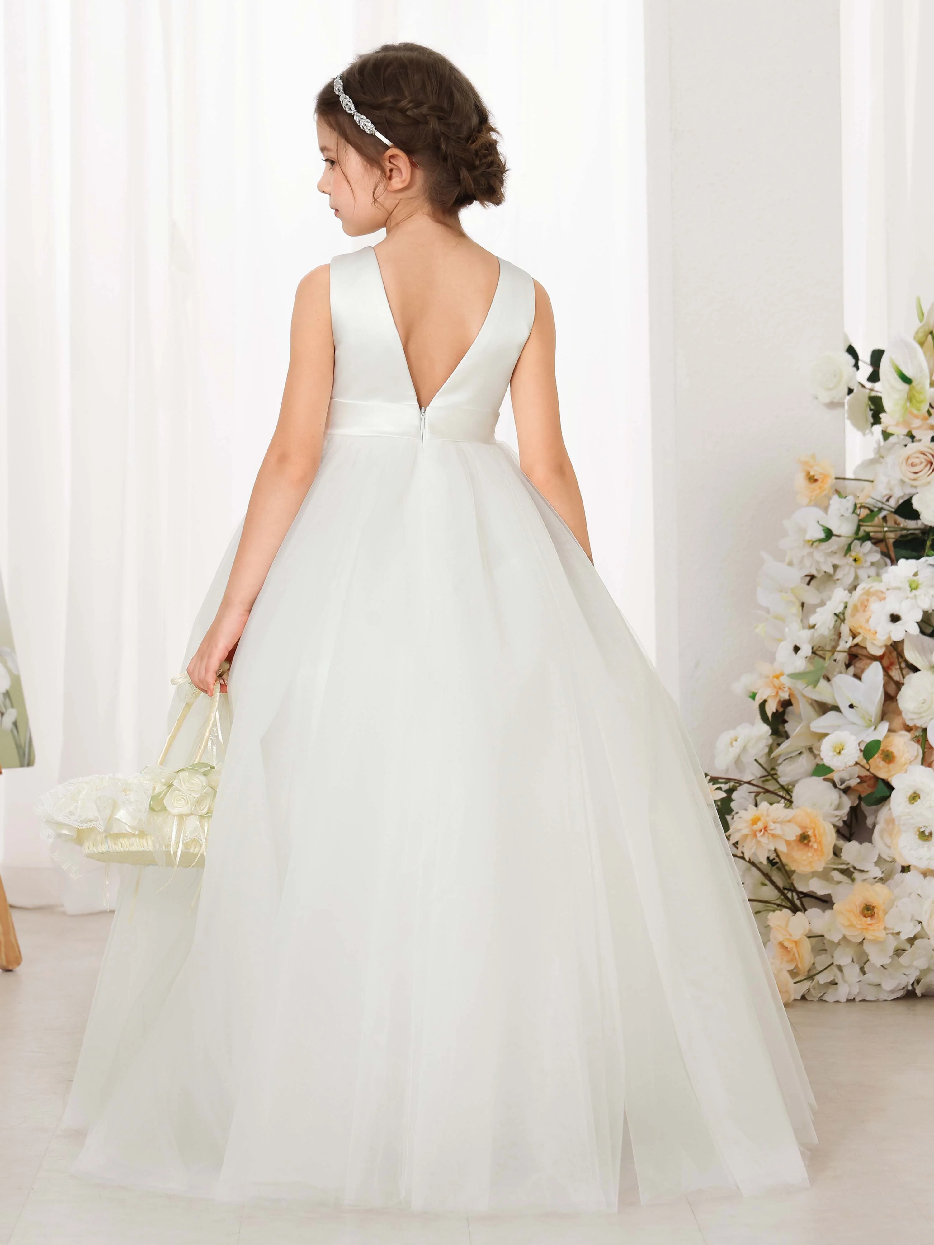 Ball-Gown Tulle Satin Sleeveless Scoop Neck Floor-Length  Flower Girl Dresses - Image 3