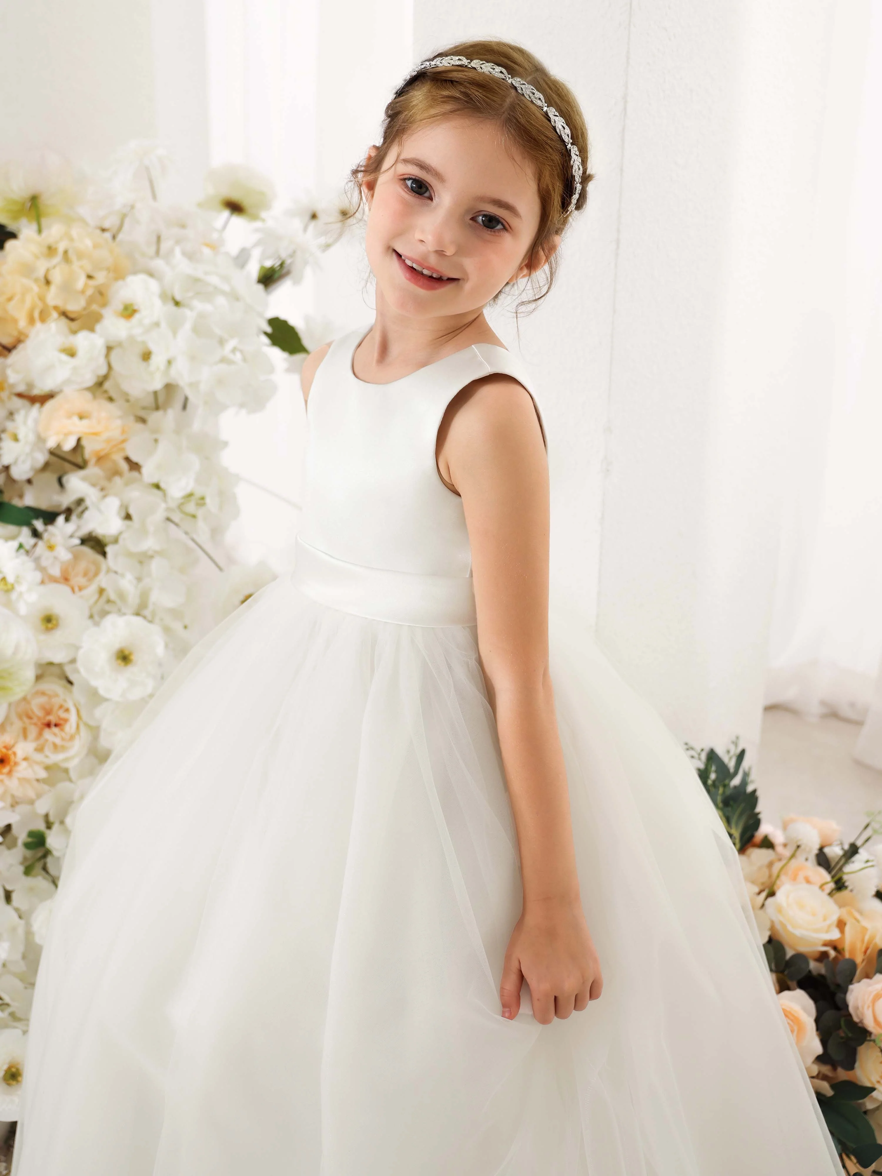 Ball-Gown Tulle Satin Sleeveless Scoop Neck Floor-Length  Flower Girl Dresses - Image 6