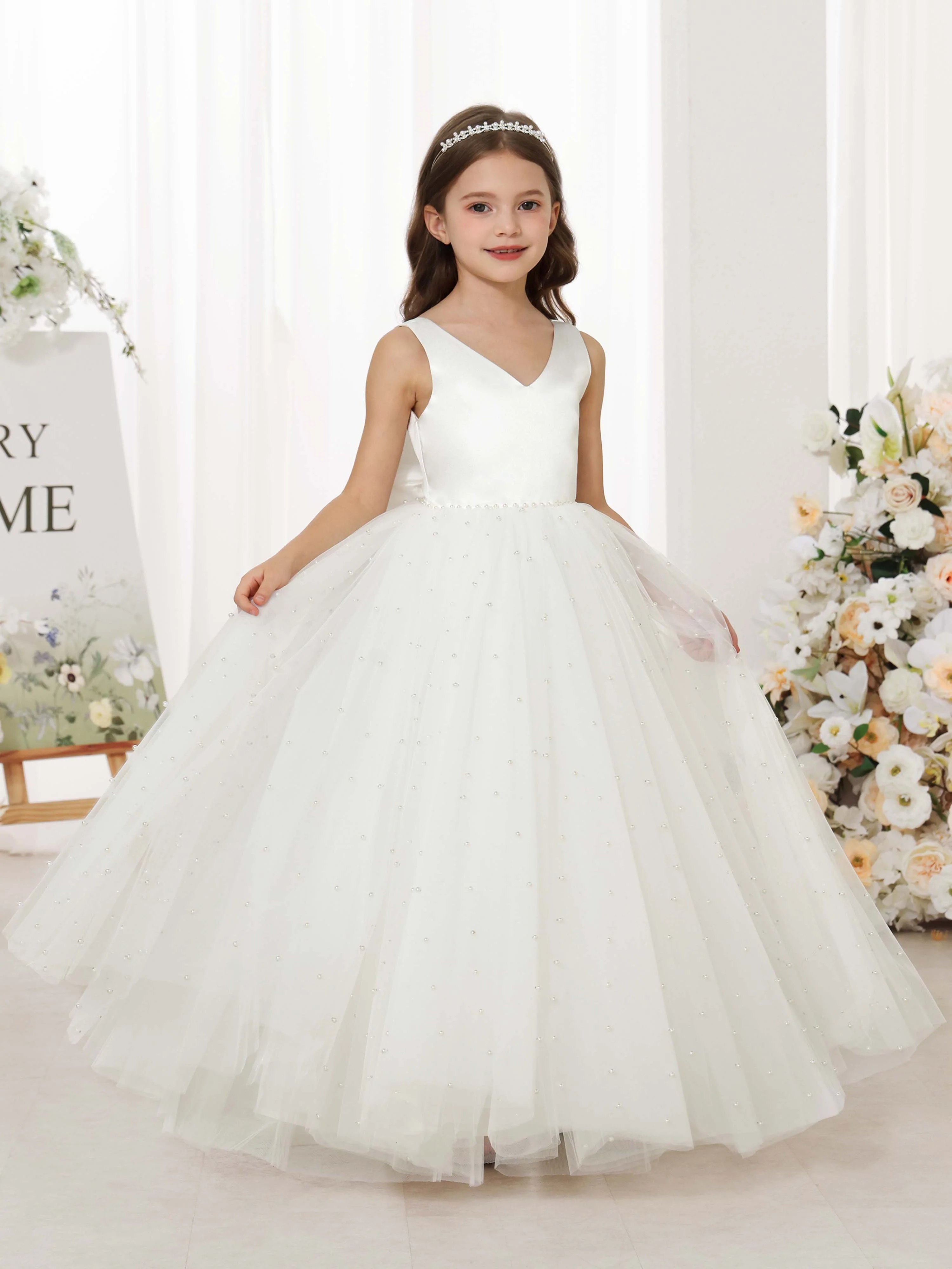 Ball-Gown Tulle Satin Sleeveless V-Neck Floor-Length Flower Girl Dresses - Image 3