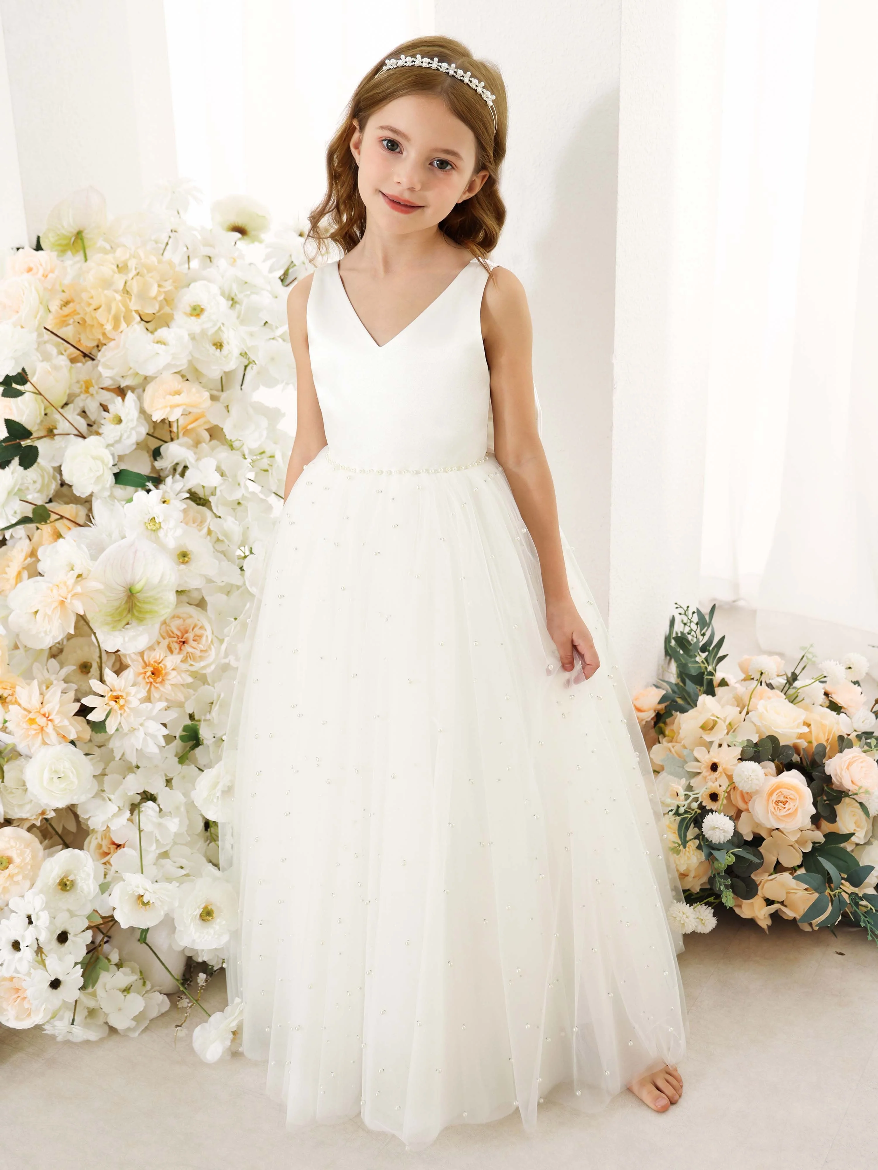 Ball-Gown Tulle Satin Sleeveless V-Neck Floor-Length Flower Girl Dresses - Image 5
