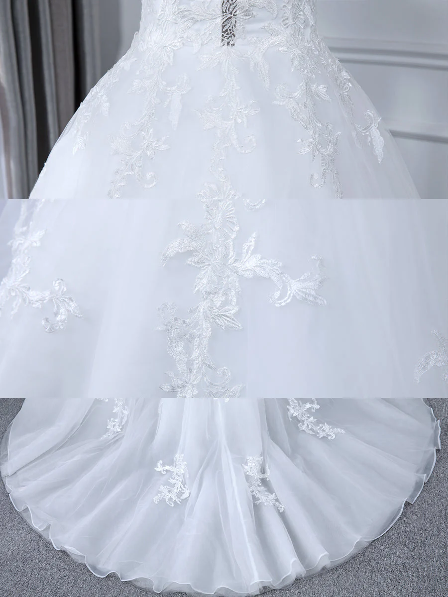A-Line/Princess Tulle Sheer Neck Long Sleeves Wedding Dresses with Lace Appliques - Image 5