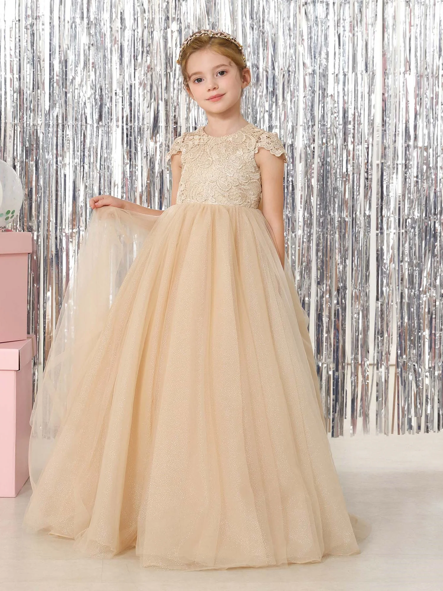 Ball-Gown Tulle Short Sleeves Scoop Neck Floor-Length Flower Girl Dresses - Image 3
