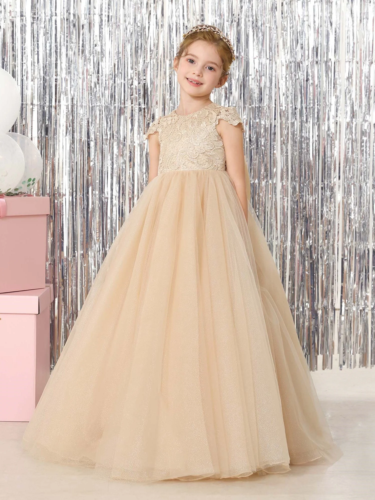 Ball-Gown Tulle Short Sleeves Scoop Neck Floor-Length Flower Girl Dresses - Image 4