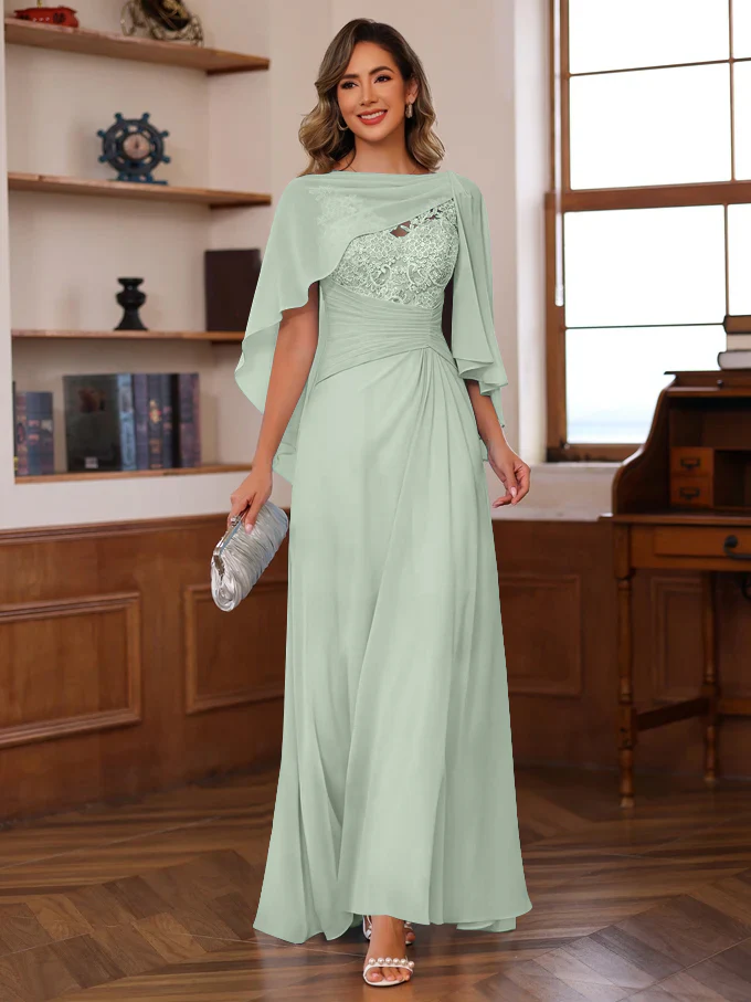 A-Line/Princess V-Neck 2 Pics Floor-Length Mother of the Bride Dresses with Appliques, Ruffles & Wrap - Image 54