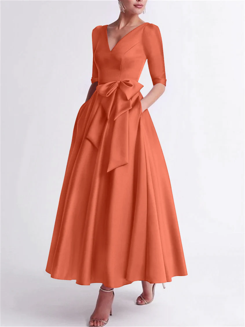 A-Line/Princess V Neck 3/4 Length Sleeve Tea Length Satin Mother of the Bride Dresses with Bow(s) - Image 36