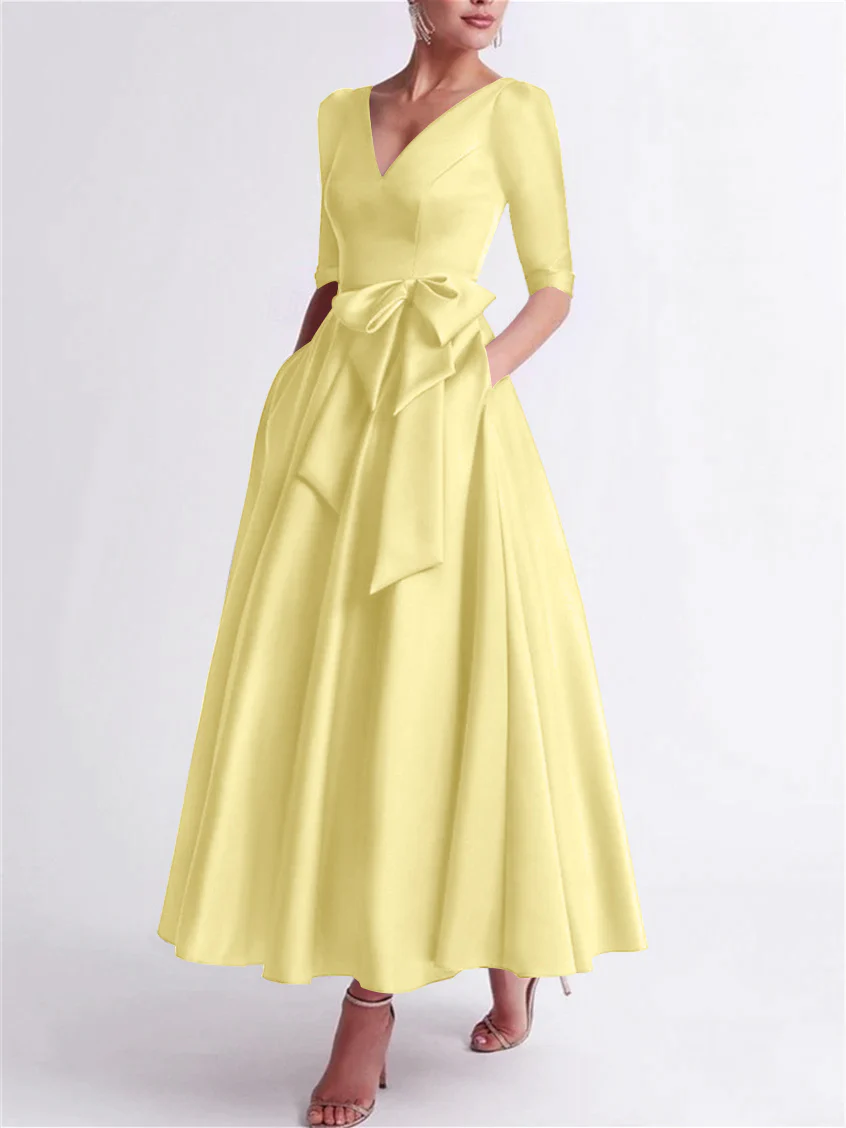 A-Line/Princess V Neck 3/4 Length Sleeve Tea Length Satin Mother of the Bride Dresses with Bow(s) - Image 53