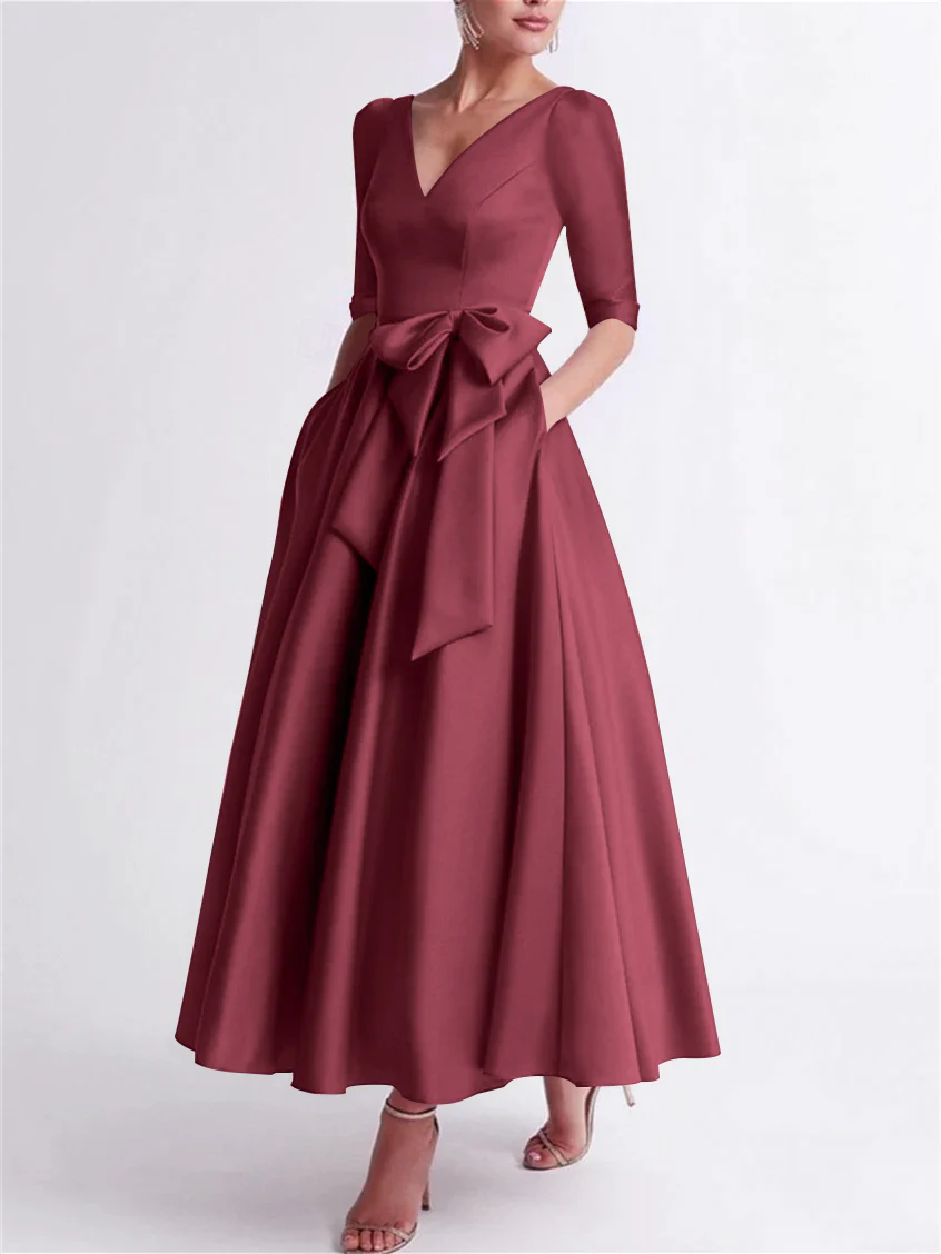 A-Line/Princess V Neck 3/4 Length Sleeve Tea Length Satin Mother of the Bride Dresses with Bow(s) - Image 54