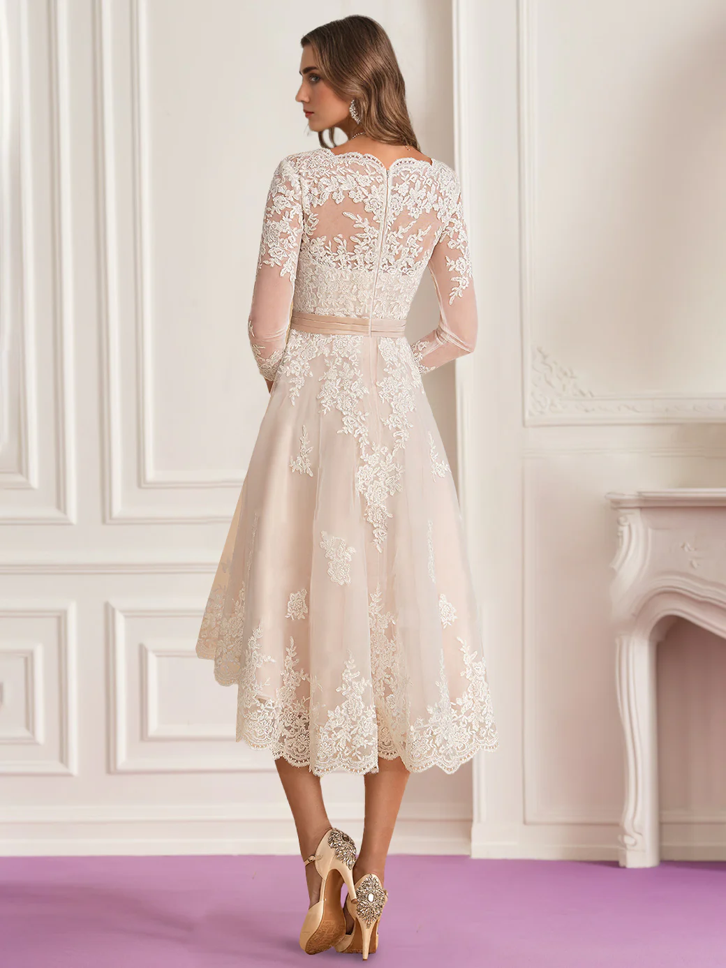 A-Line/Princess V-Neck 3/4 Length Sleeves Asymmetrical Wedding Dress with Lace Embroidery - Image 2