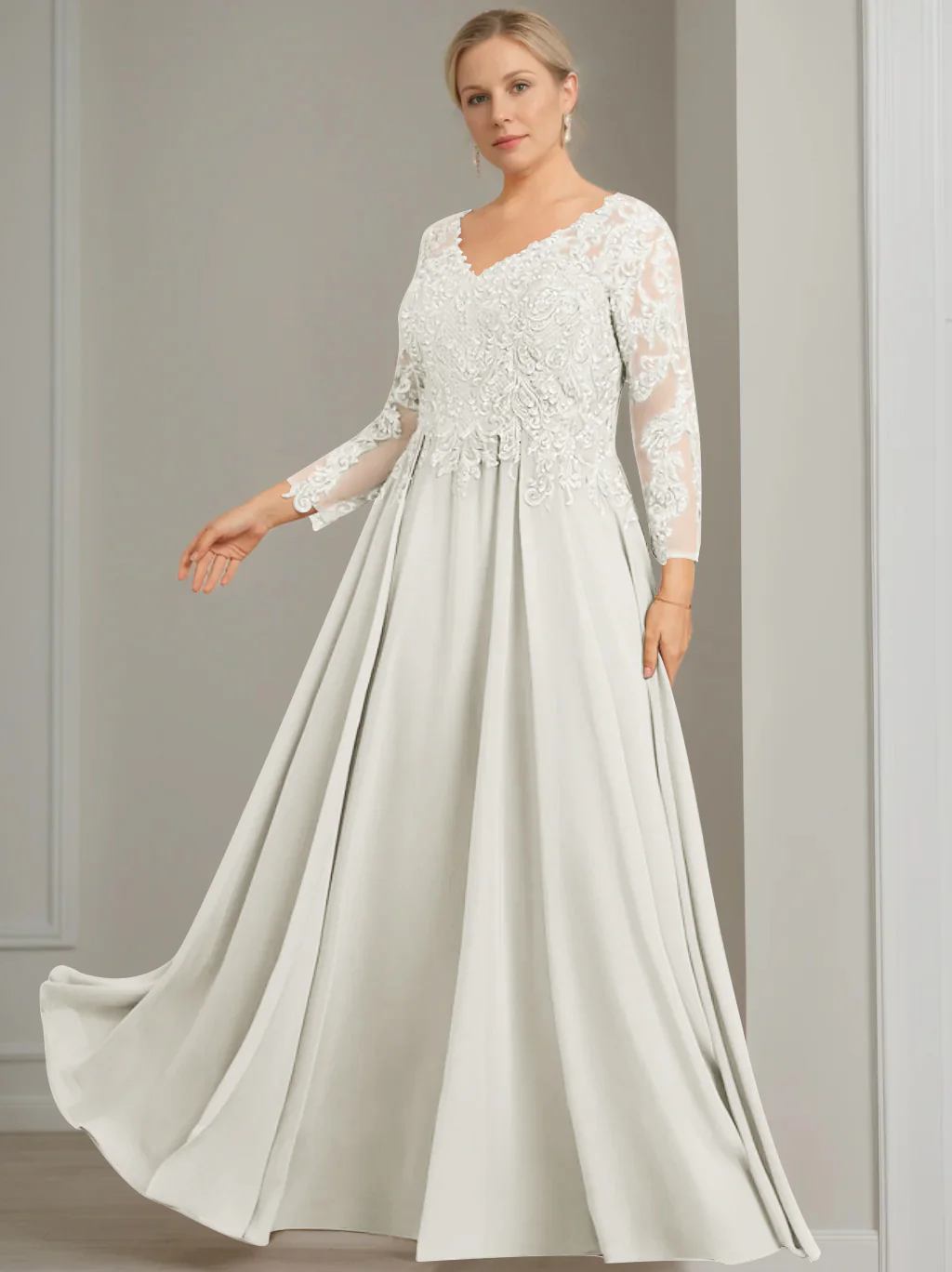 A-Line/Princess V-Neck 3/4 Length Sleeves Floor-Length Plus Size Mother of the Bride Dresses with Sequins - Image 16