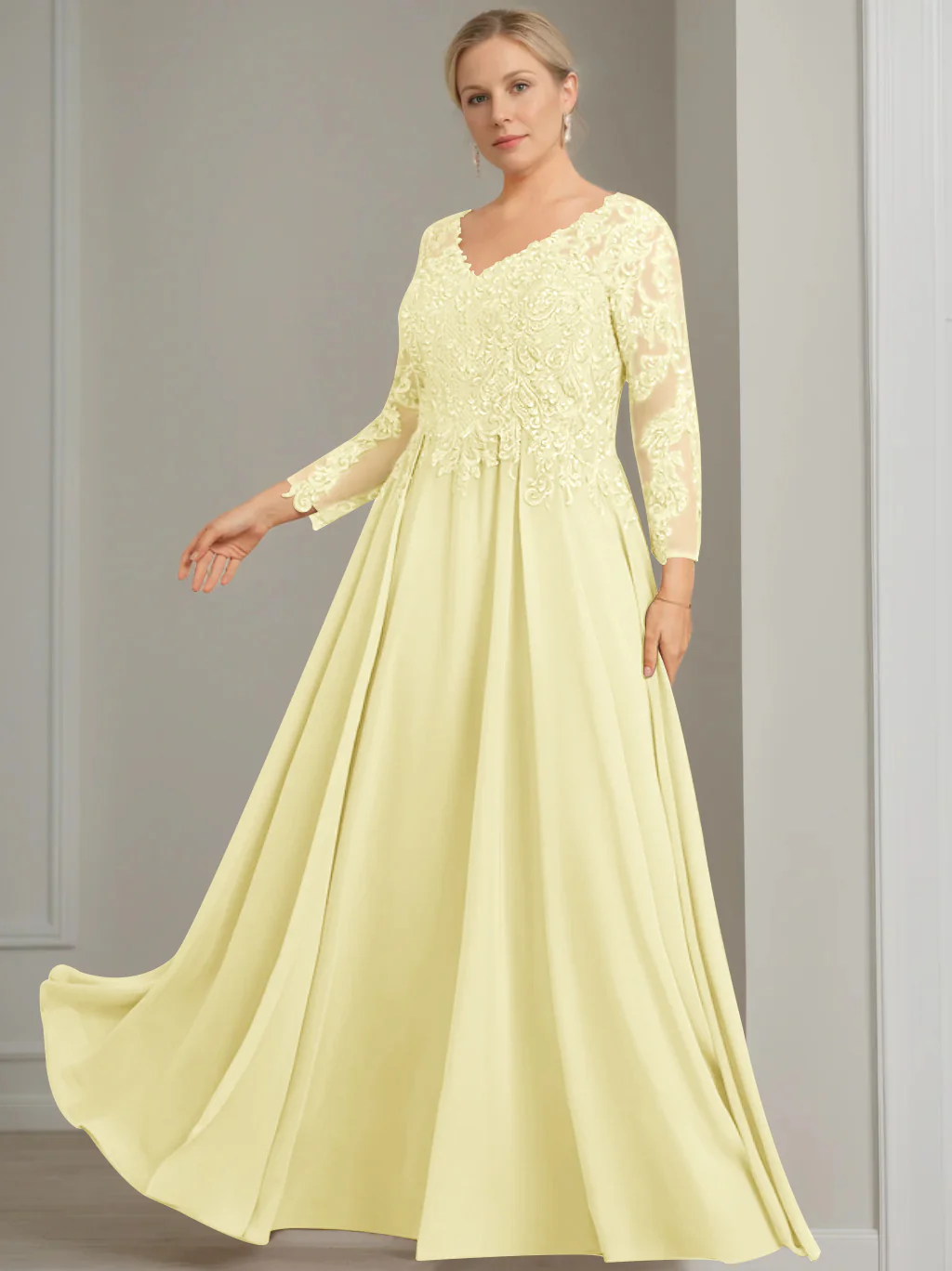 A-Line/Princess V-Neck 3/4 Length Sleeves Floor-Length Plus Size Mother of the Bride Dresses with Sequins - Image 43