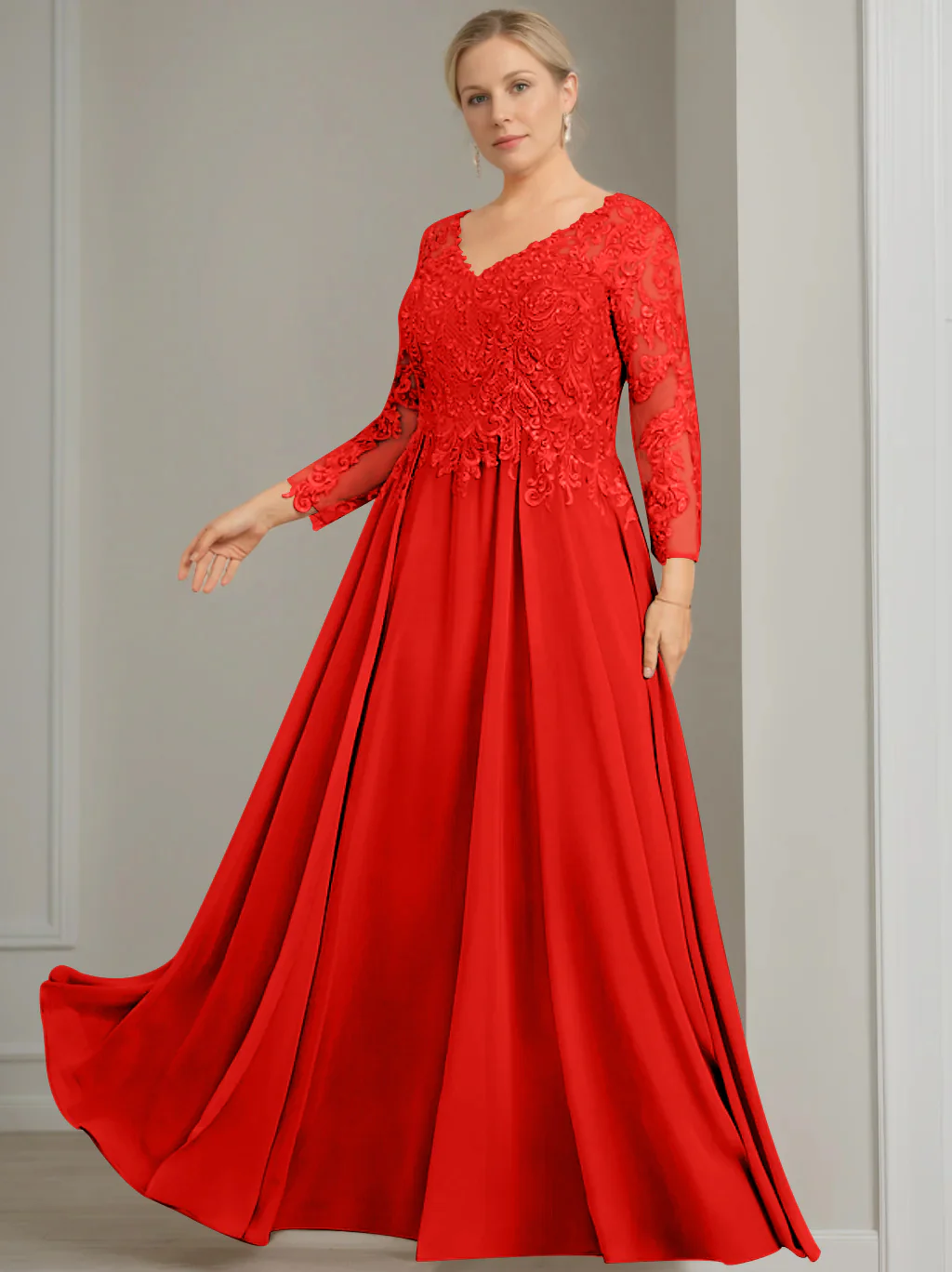 A-Line/Princess V-Neck 3/4 Length Sleeves Floor-Length Plus Size Mother of the Bride Dresses with Sequins - Image 53