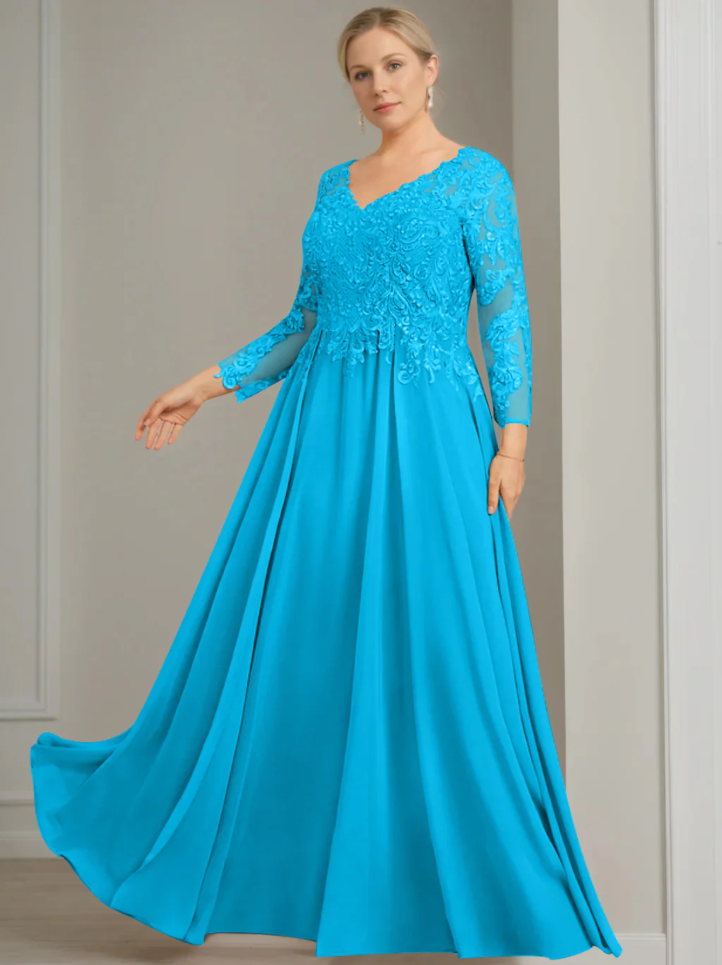 A-Line/Princess V-Neck 3/4 Length Sleeves Floor-Length Plus Size Mother of the Bride Dresses with Sequins - Image 54