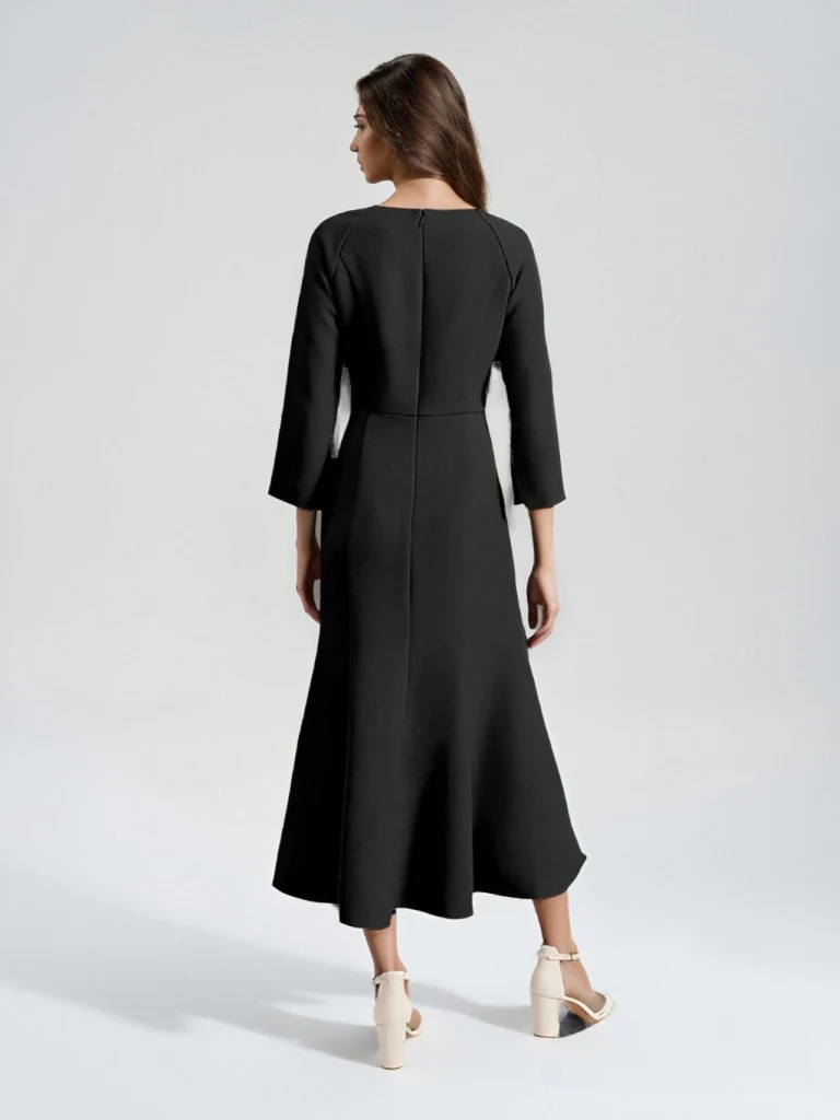 A-Line/Princess V Neck 3/4 Length Sleeves Tea-Length Wedding Guest Dress with Pleats - Image 2