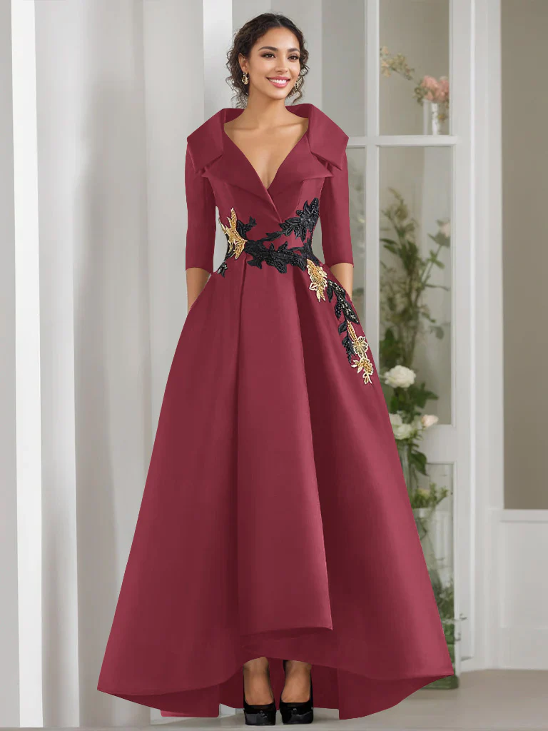 A-Line/Princess V-Neck 3/4 Sleeves Floor Length Mother of the Bride Dresses With Appliques & Beading - Image 11