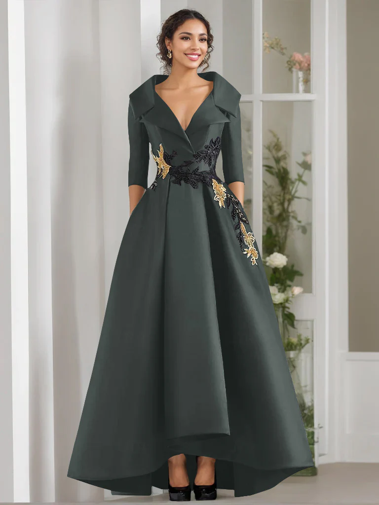 A-Line/Princess V-Neck 3/4 Sleeves Floor Length Mother of the Bride Dresses With Appliques & Beading - Image 9