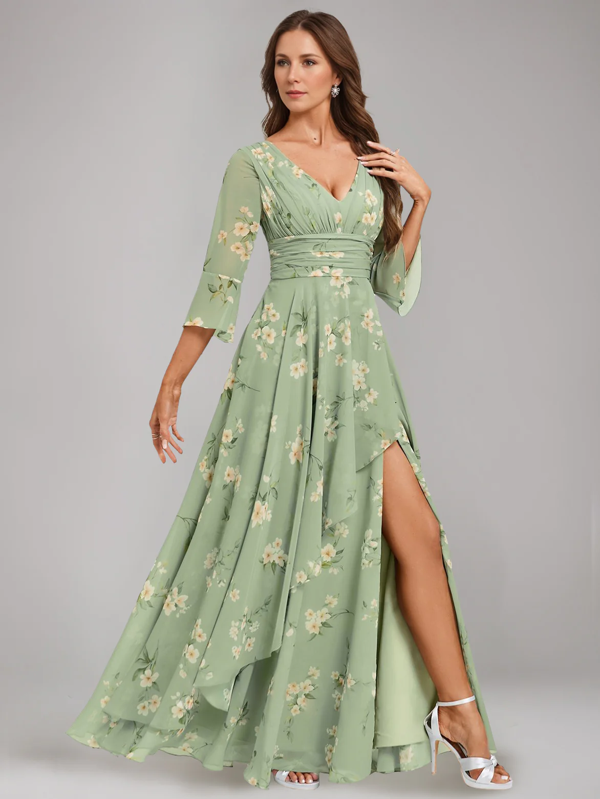 A-Line/Princess V-Neck 3/4 Sleeves Floor-Length Ruched Printed Floral Pleated Mother of the Bride Dresses with Ruffles & Slit - Image 4