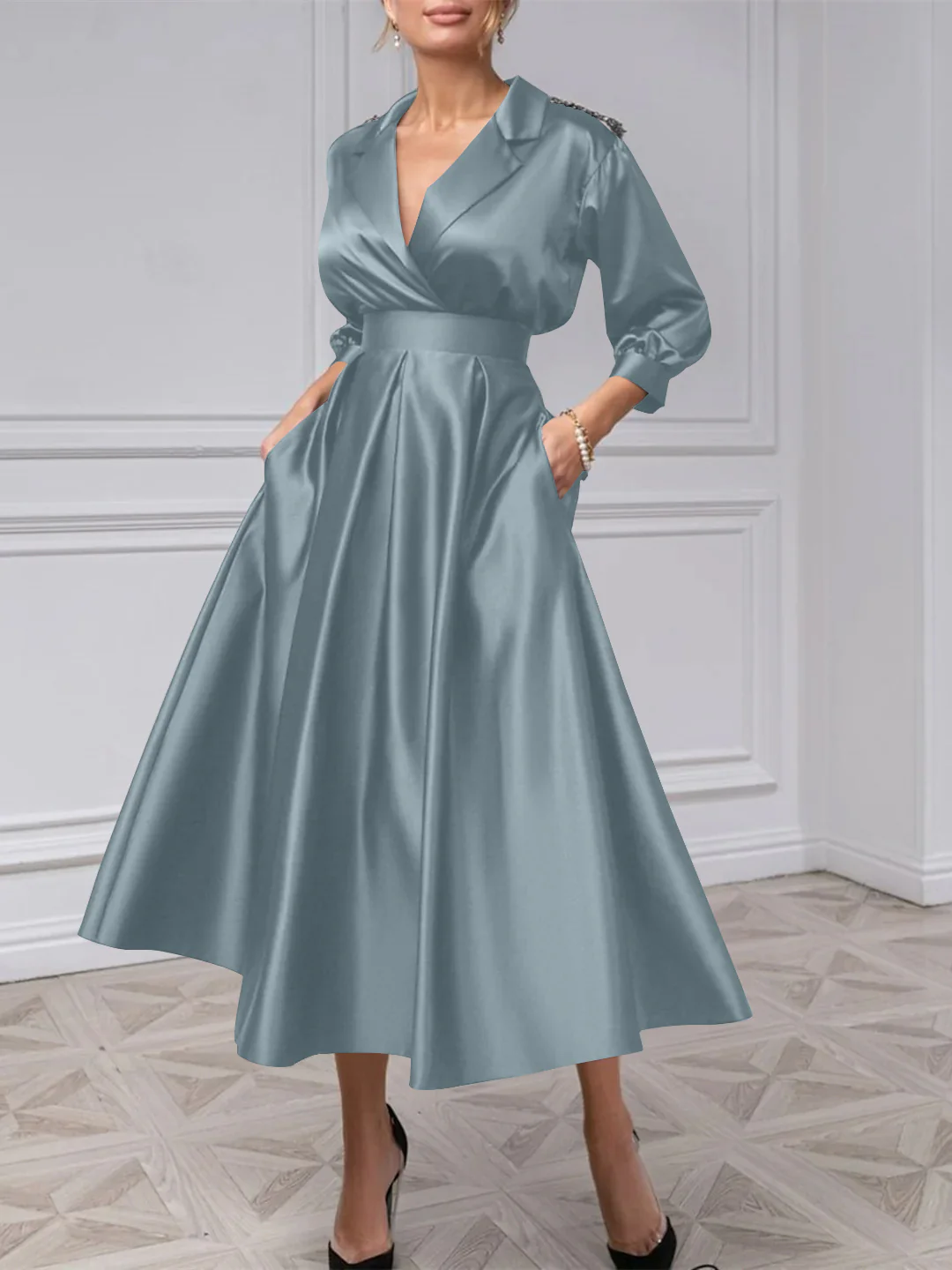 A-Line/Princess V-Neck 3/4 Sleeves Mother Of The Bride Dresses With Beading - Image 12